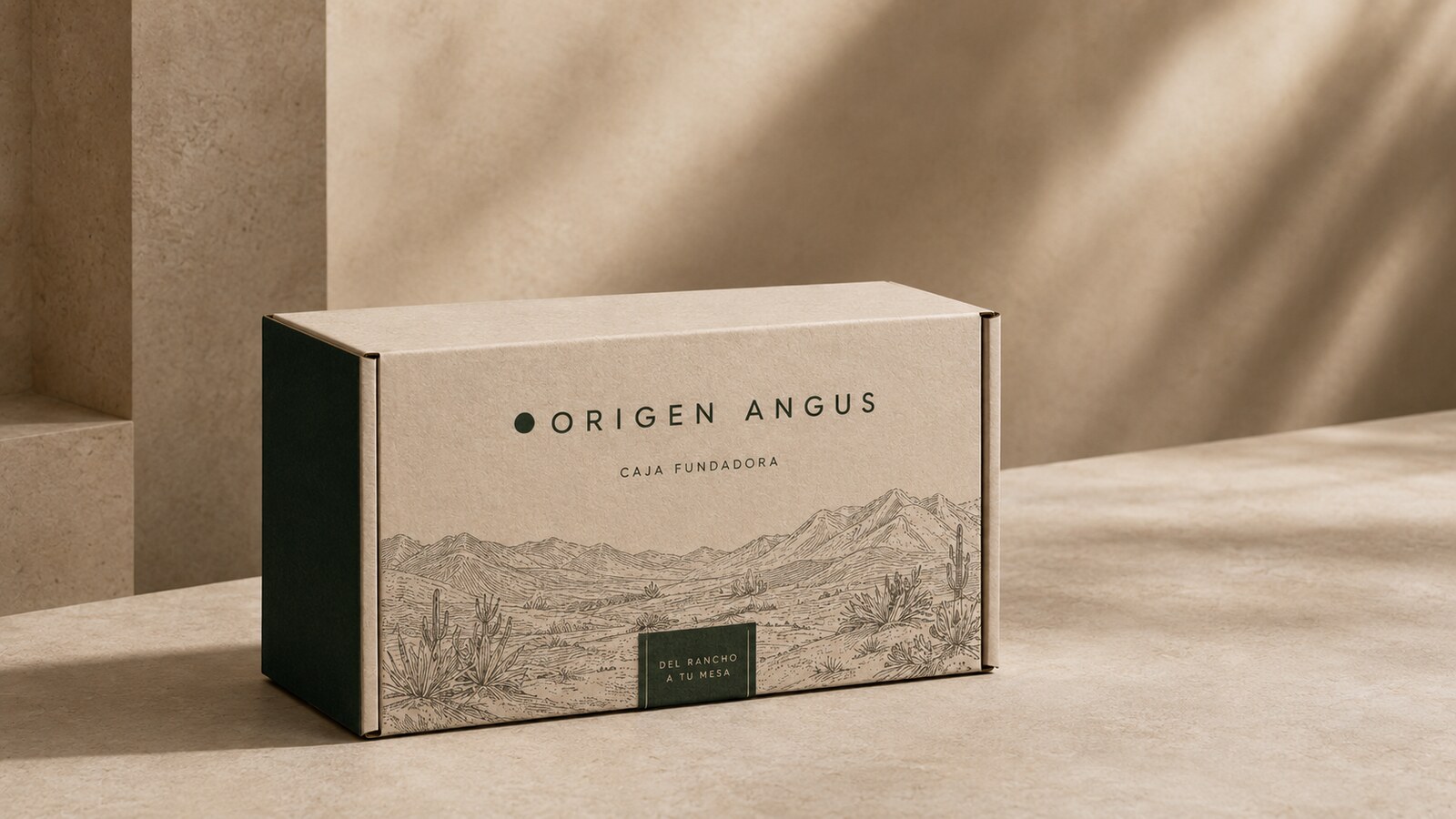 Closed Origen Angus Selección del Rancho 01 box illustrated with the landscape of northern Mexico