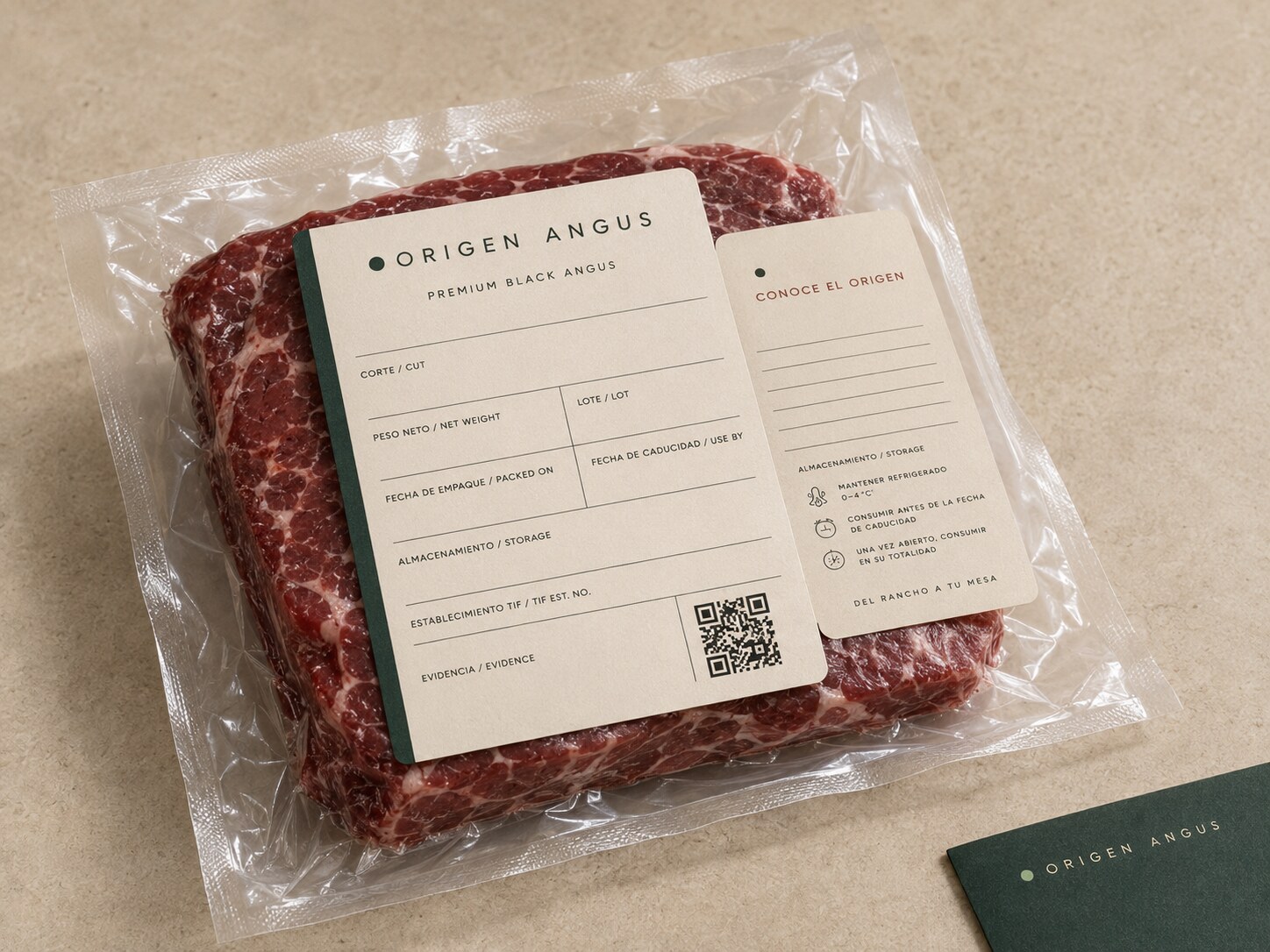 Vacuum-packed Black Angus cut with an Origen Angus label and QR code