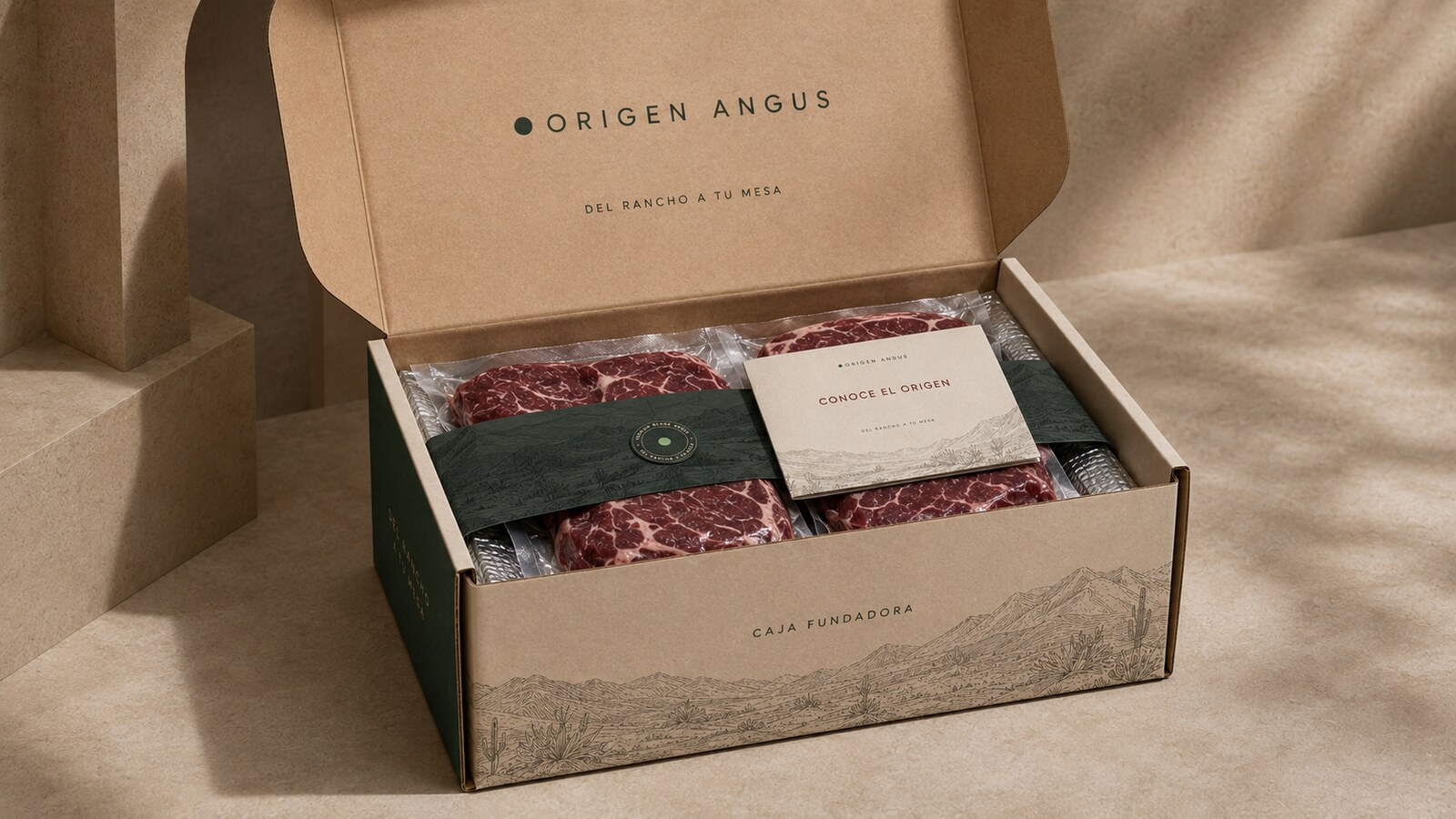 Origen Angus Selección del Rancho 01 opened, showing packed cuts and an origin card